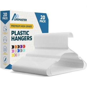 Lifemaster Plastic Clothes Hangers  Heavy Duty Hanger Set, for Organizing Clothes, Dresses, and Coat, Holds Up to 5 lbs, Space-Saving Hangers with Non-Slip Shoulder Grooves, Pack of 20, White