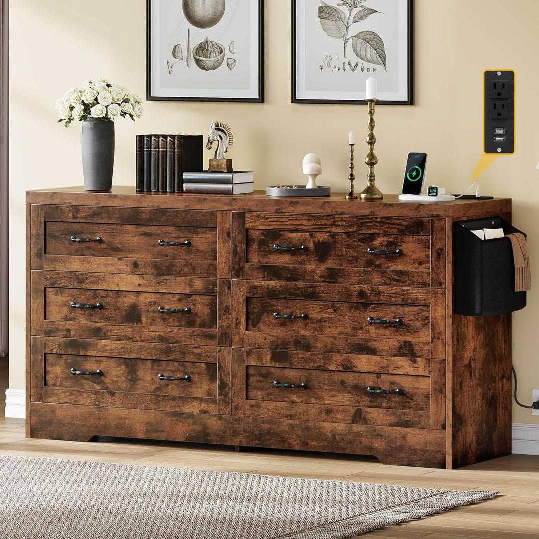 DWVO Farmhouse 6 Drawer Dresser for Bedroom, 59" Wide Modern Dresser TV Stand with Large Drawers & Bar Handles, Storage Dressers with Power Outlets, Rustic Wood Chest of Drawers, Rustic Brown