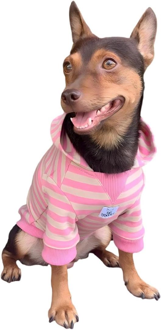 YQYS Dog Hoodie with Leash Hole, Striped Cotton Sweatershirt for Small Dogs, Good Look Outfits in Park, Daily Wear Warm Puppy Apparel for Indoor Outdoor Walking Pink Medium