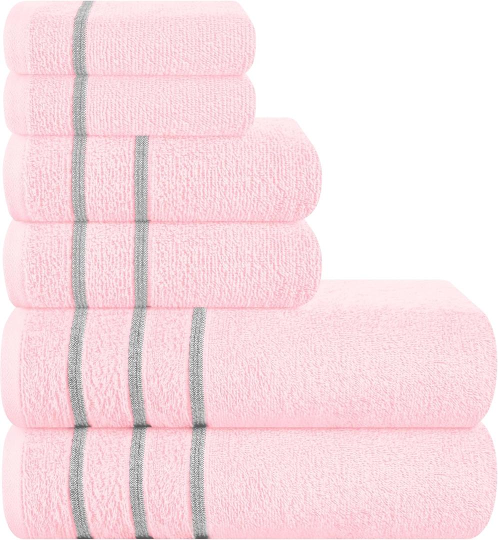 Ultra Soft 6 Pack Cotton Towel Set, Contains 2 Bath Towels 28x55 inch, 2 Hand Towels 16x24 inch & 2 Wash Coths 12x12 inch, Ideal Everyday use, Compact & Lightweight - Pink, 71662