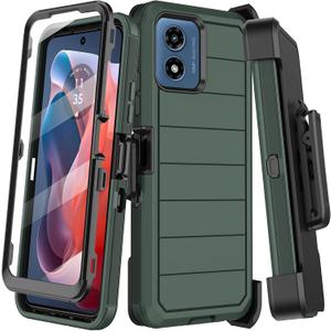 for Motorola Moto G Play 2024 Case with Belt Clip Holster,Built-in Screen Protector,Heavy Duty Shockproof Drop Protection Military Grade Durable Full Body Phone Cover with Kickstand (Deep Green)