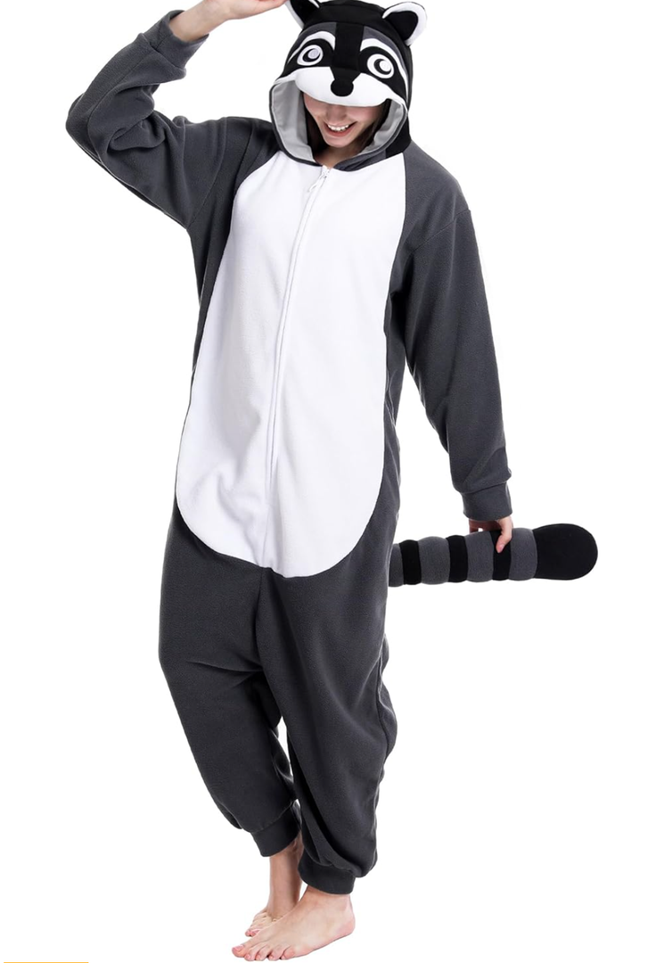 dressfan Unisex Adults Grey Raccoon Costume Halloween Costume Onesie Pajamas Hooded for Women Men XL
