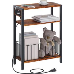 Narrow Side Table with Charging Station, Small End Table for Small Spaces, Slim Nightstand with Storage Basket, 3 Tier Skinny Bedside Table for Living Room, Bedroom, Rustic Brown (1 PC)