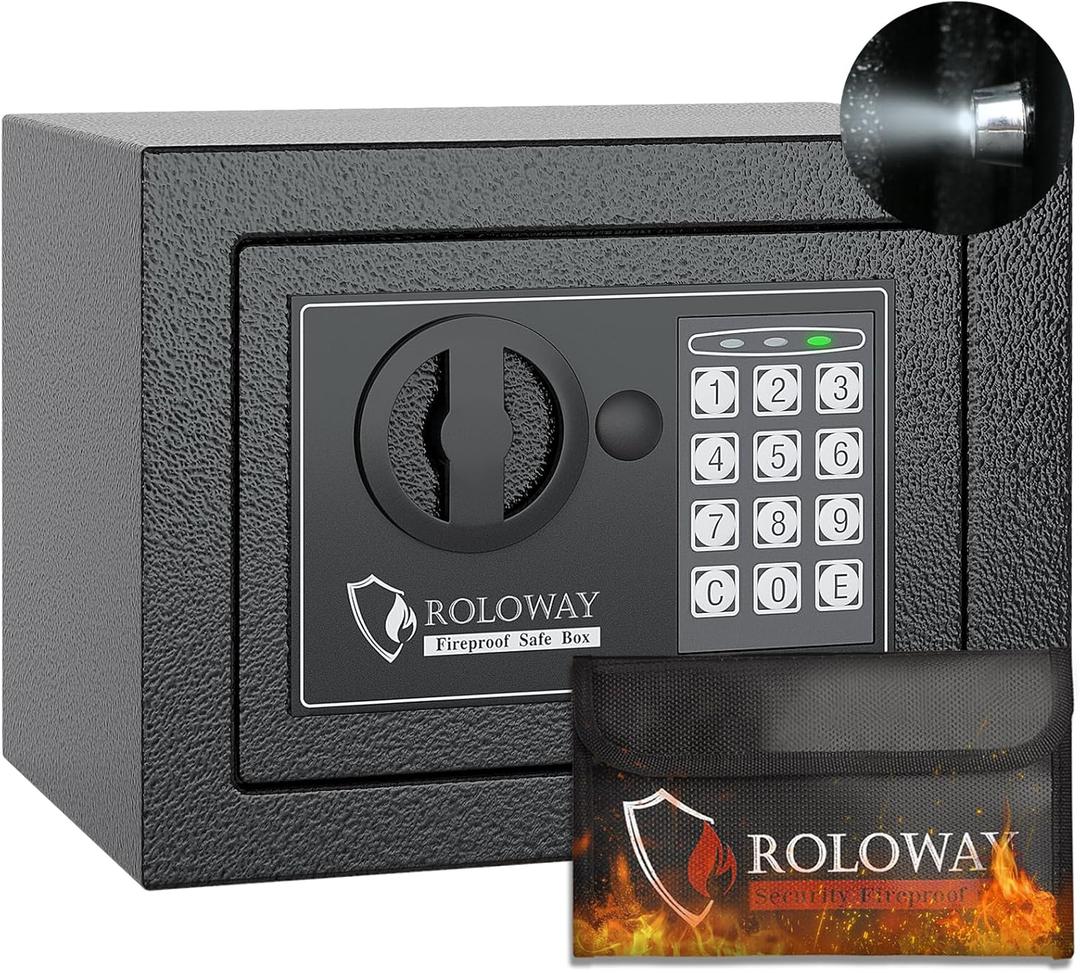 ROLOWAY Steel Money Safe Box for Home with Fireproof Money Bag for Cash Hidden, Security Safe Box with Keys and Keypad (Black) (0.2 Cubic Feet) ROLOWAY Steel Money Safe Box for Home with Fireproof Money Bag for Cash Hidden, Security Safe Box with Keys and Keypad (Black) (0.2 Cubic Feet)