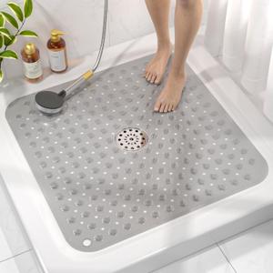 HITSLAM Shower Bathtub Mat Non Slip, 24"x 24" Bath Mat for Tub, Soft PVC Shower Mats for Inside Shower with Suction Cups and Center Drain Hole, Machine Washable Bathroom Floor Mat, Grey