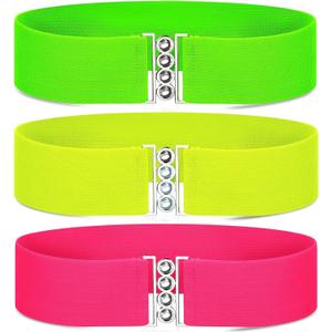 Syhood 3 Pcs 80s Neon Belts for Women 80s Waist Stretch Wide Waistband with Vertical Clasp Buckle Belts for Party Accessories(Green, Yellow and Pink,3 Pieces)