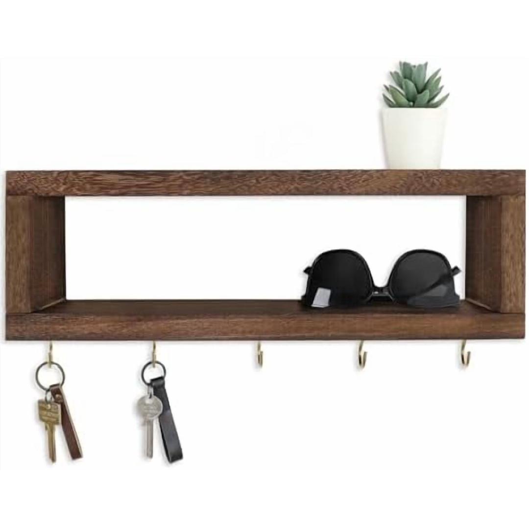 Wall Shelf with Hooks - Decorative Key and Wallet Holder for Wall Holds Sunglasses, Leashes, Scarves and Lanyards - 15.7" x 5.1" x 2.9" Entryway Organizer Made of Paulownia Wood (Brown)