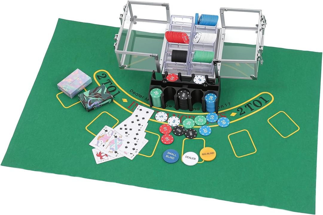 JolliLudo Texas Holdem Poker Chip Set Includes 200 Poker Chips 1 Holder 2 Card Decks 1 Mat 1 Tin Storage Box Blackjack Fun Game Night Supplies Gift for Christmas