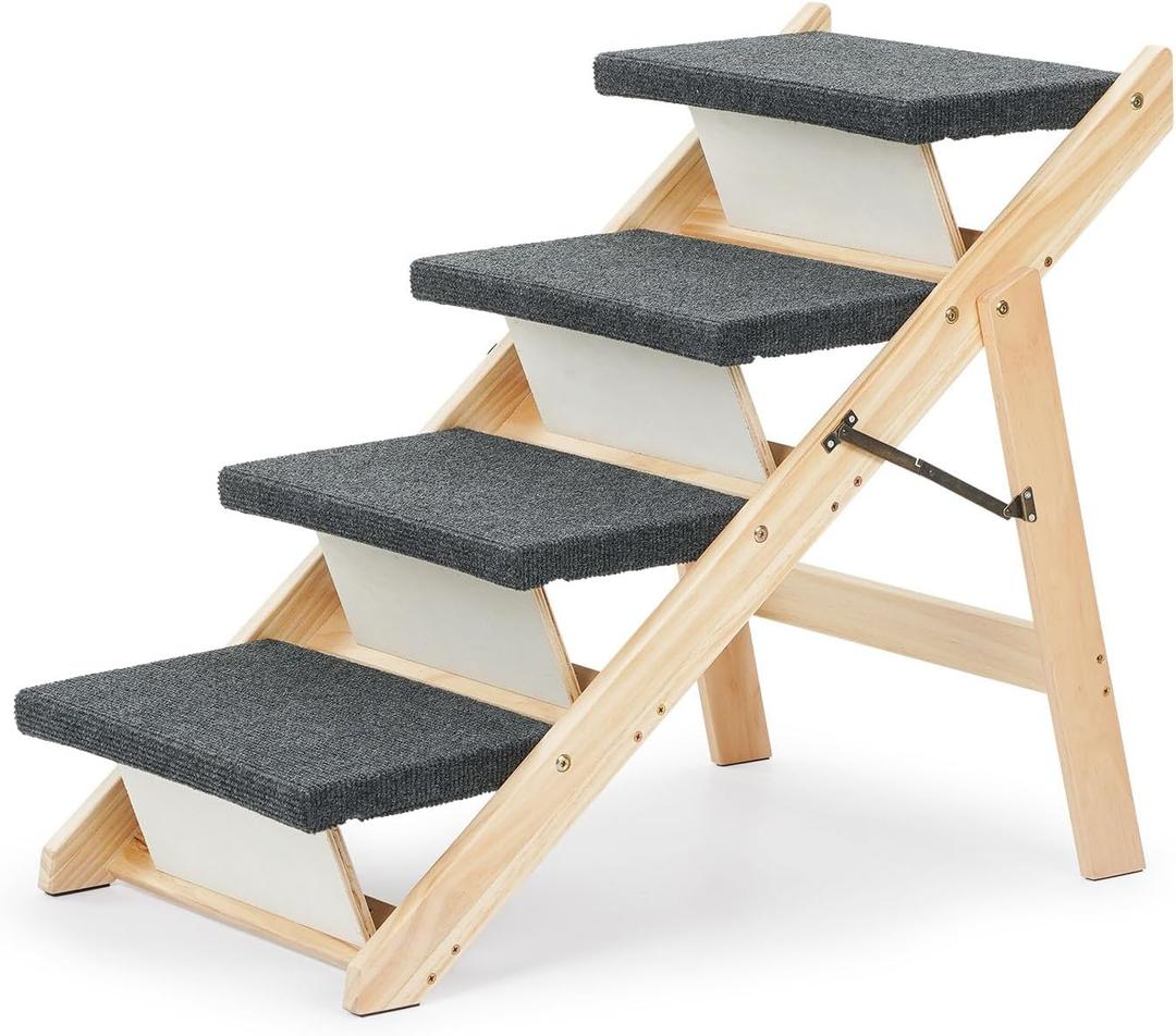 MEWANG Wooden Dog Stairs/Steps - Foldable 4 Levels Pet Stairs & Ramp Perfect for Beds and Cars - Portable Dog/Cat Ladder Up to 110 Pounds (30.9" L x 18.5" W x 25.6" H - 4 steps)