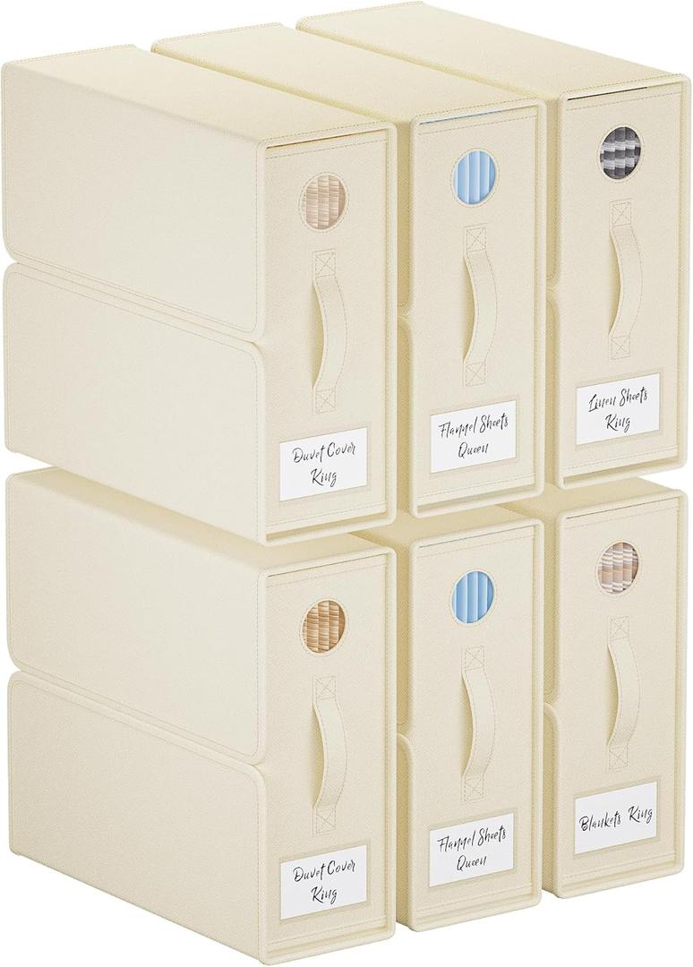 TRZZ 6-Pack Bed Sheet Organizers and Storage, Foldable Linen Bins with Window and Labels, Bedding Holder for Queen/King Duvet Covers, Keeps Bedding Neatly Organized and Accessible (Beige)