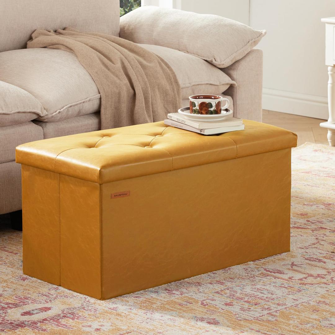 HAUSFRAU Ottoman Storage Bench Folding Foot Rest Stool Upholstered Brown
