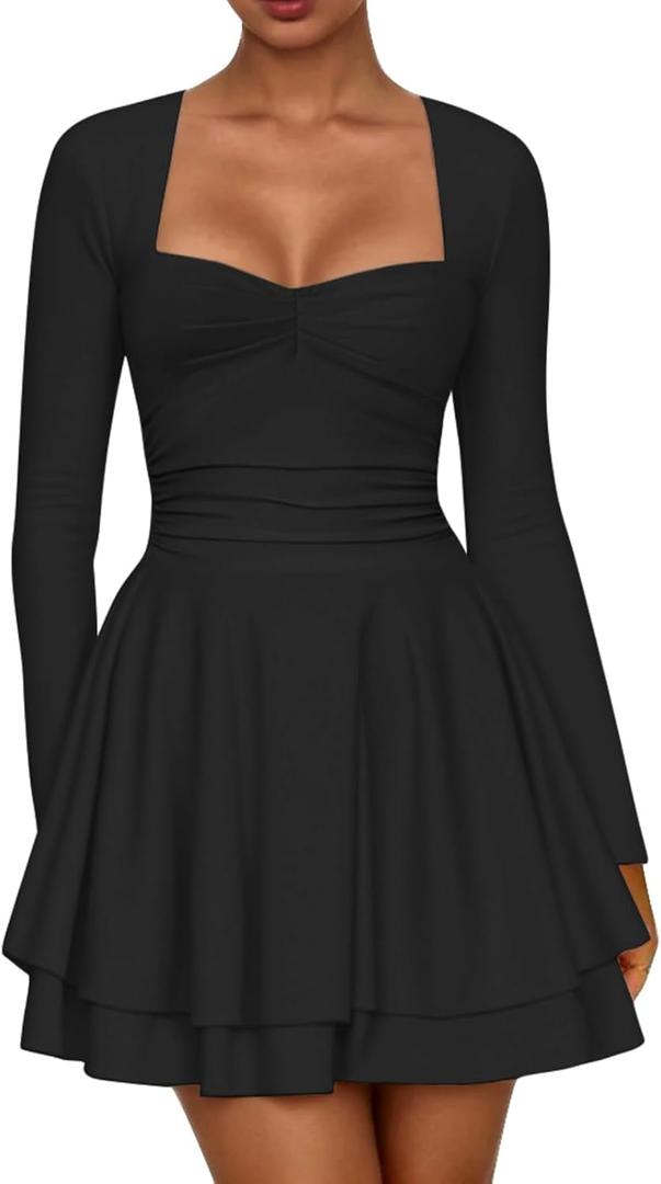 AGSEEM Womens Mini Dress Long Sleeve Square Neck Ruffle Hem Corset Ruched Waist A Line Short Party Dresses (Black, XS)