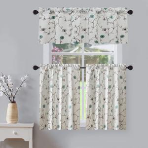 VOGOL Blue Flower Embroidery Kitchen Curtain Tier and Valance Set Decorative Cafe Curtains 36 Inch Long Rod Pocket Drapes for Small Windows, 3 Panels