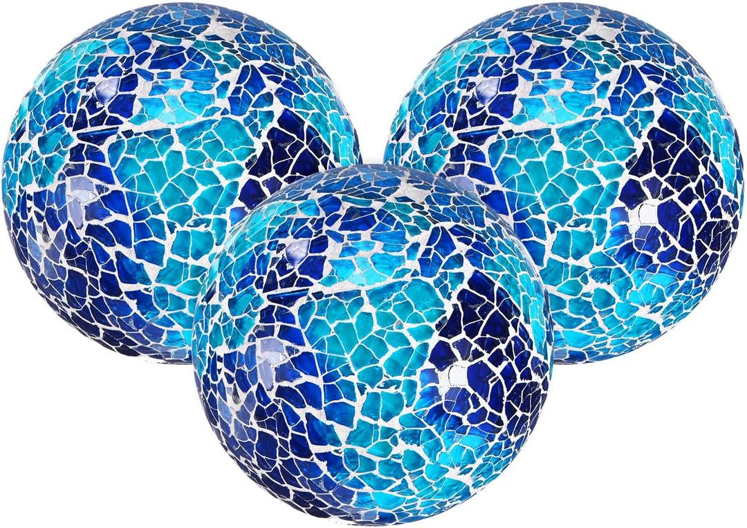 3-Pack Decorative Ball for Bowls, 2.4 Inch Mosaic Glass Balls Decorative Glass Orbs for Home Decor/Dining Tables/Wedding Party/Coffee Table/Centerpiece Decor [Blue White]