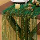 Gold Table Runner Christmas Snow Gauze Sheer Chiffon Cheesecloth Sequin 10FT Glitter Metallic Foil Dining Wedding Birthday Party Fall Winter Anniversary Holiday Centerpiece Table Decor Emerald Green (10ft x 1pc)
