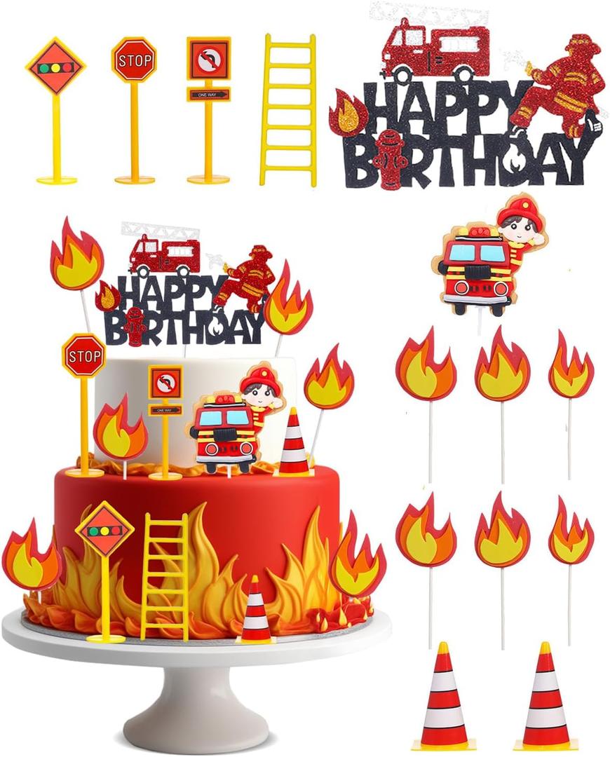 14-Piece Fire Truck Cake Topper Set, Firefighter Birthday Decorations for Kids, Fireman Themed Party Supplies for Cake Cupcakes