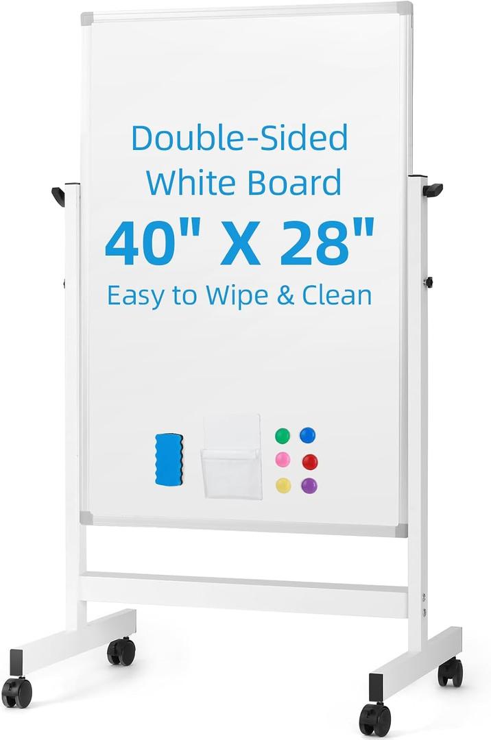 VOWNER Rolling Whiteboard, 40 x 28 Double Sided WhiteBoard on Wheels, Height Adjustable Dry Erase Board with Stand, Magnetic Mobile White Board for Office, Home, Classroom, White