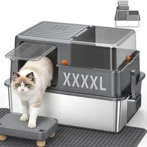 XXXXL Stainless Steel Litter Box with Lid，28.3" L x 20.2" W x 19.3" H