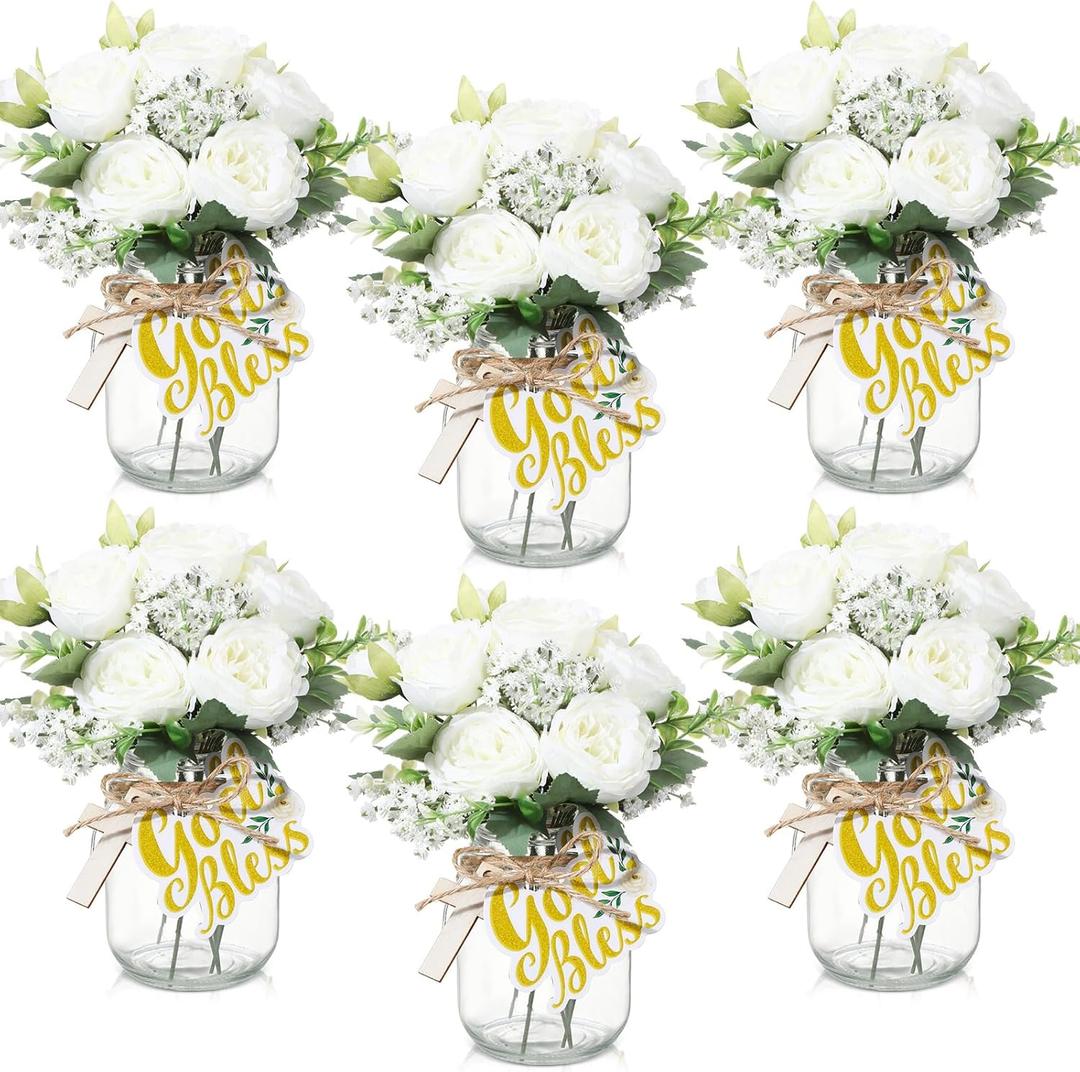 6 Sets Baptism Table Centerpiece Mason Jar First Communion Table Decoration with Flower Artificial Peony and Baby's Breath Flowers with Wooden Cross and Card for Baptism Baby Shower Wedding