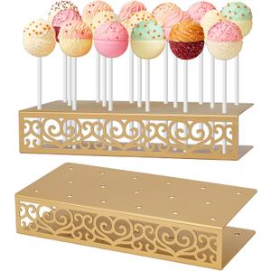 2PC Cake Pop Holder 17 Holes Lollipop Holder Stand Gold Metal Cakepop Stand Display Cake Pop Stand for Dessert Table Weddings Birthday Halloween Candy Decorative