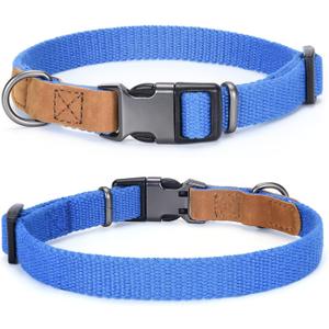 Mile High Life Dog Collars | Soft Cotton Dog Collars w Heavy Metal Buckle | Classic Puppy Collar w Premium Genuine Leather Tips | Pet Collars for Large Dogs (Blue) (Medium (Pack of 1))