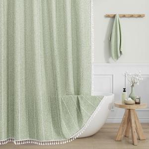 MitoVilla Sage Green Boho Extra Long Shower Curtain 72 x 84, Modern Farmhouse 84 inch XL Rustic Polyester Linen Tassel Heavy Duty Shower Curtain Set with Hooks for Cottagecore Country Bathroom Decor