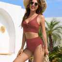 ZAFUL Women High Waisted Bikini Sets Color Block Swimsuit Two Piece Knot Twist Cut Out Drawstring Bathing Suit (Red, S)