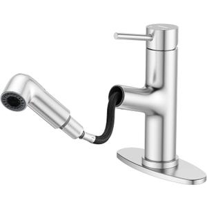 HURRAN Pull Out Bathroom Faucet, Single Handle Basin Mixer Tap with 2 Modes, Utility Sink Faucet with Deck Plate, Stainless Steel, Brushed Nickel