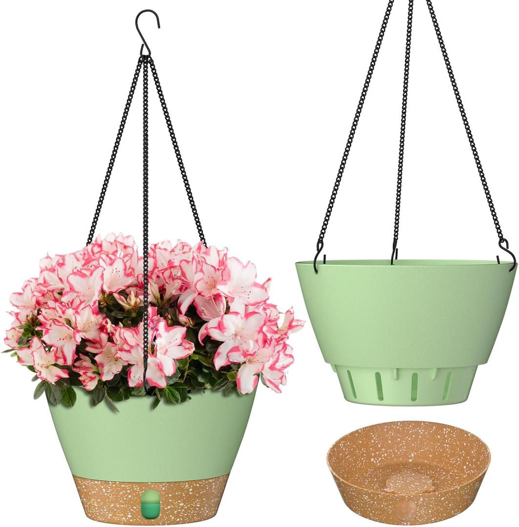 ZMTECH 8 Inch Hanging Planters for Indoor Plants, Hanging Baskets for Plants Outdoor with Visible Water Level, Hanging Flower Pots with Drainage Holes & Removable Tray (2 Pack, Green)