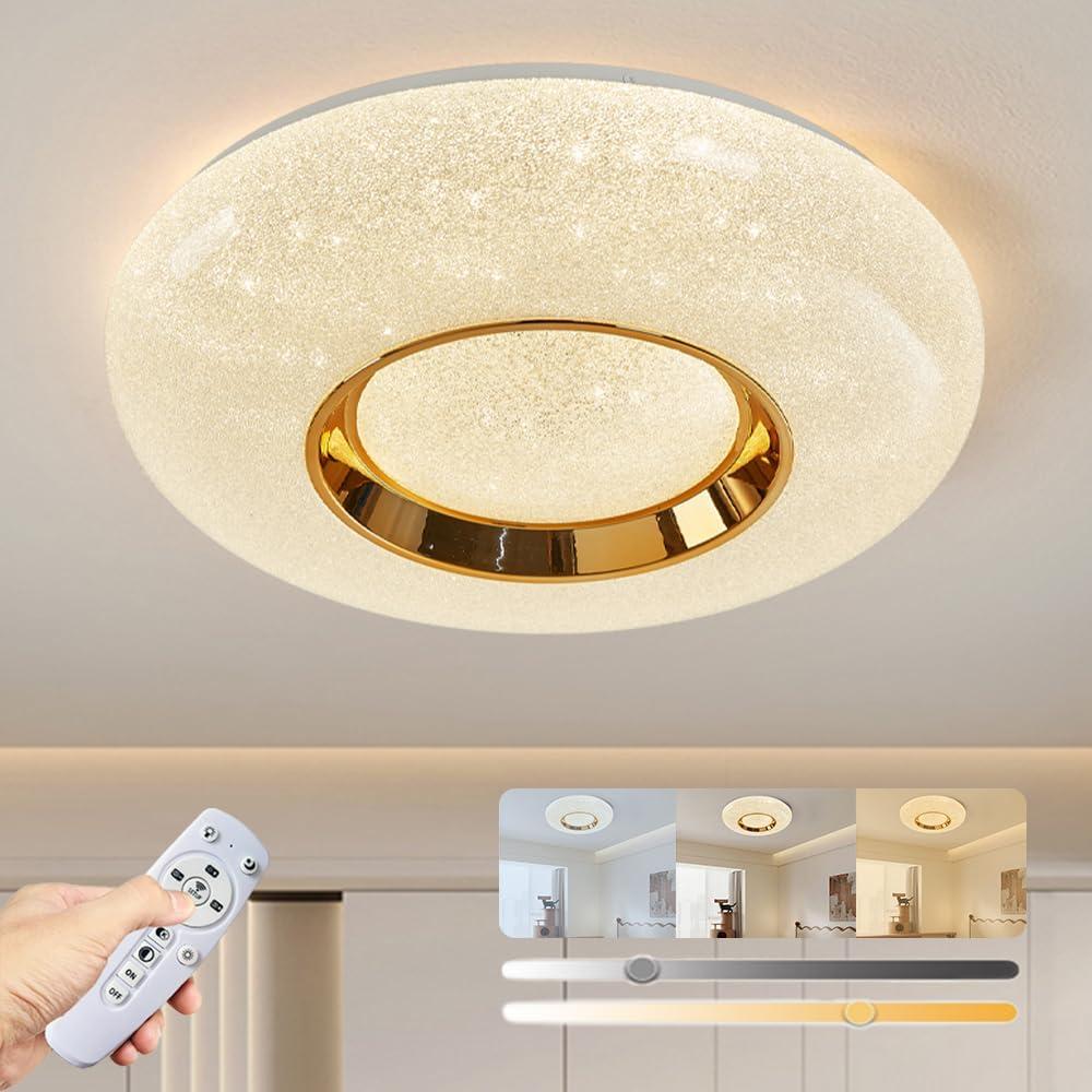 Dimmable LED Round Gold Ceiling Light, 20 Inch 48W with Remote Control, 3000K-6500K,Flush Mount Ceiling Light，Modern Wood Grain Lamp, Suitable for Entryway, Bedroom and Living Room., 19.7 inches