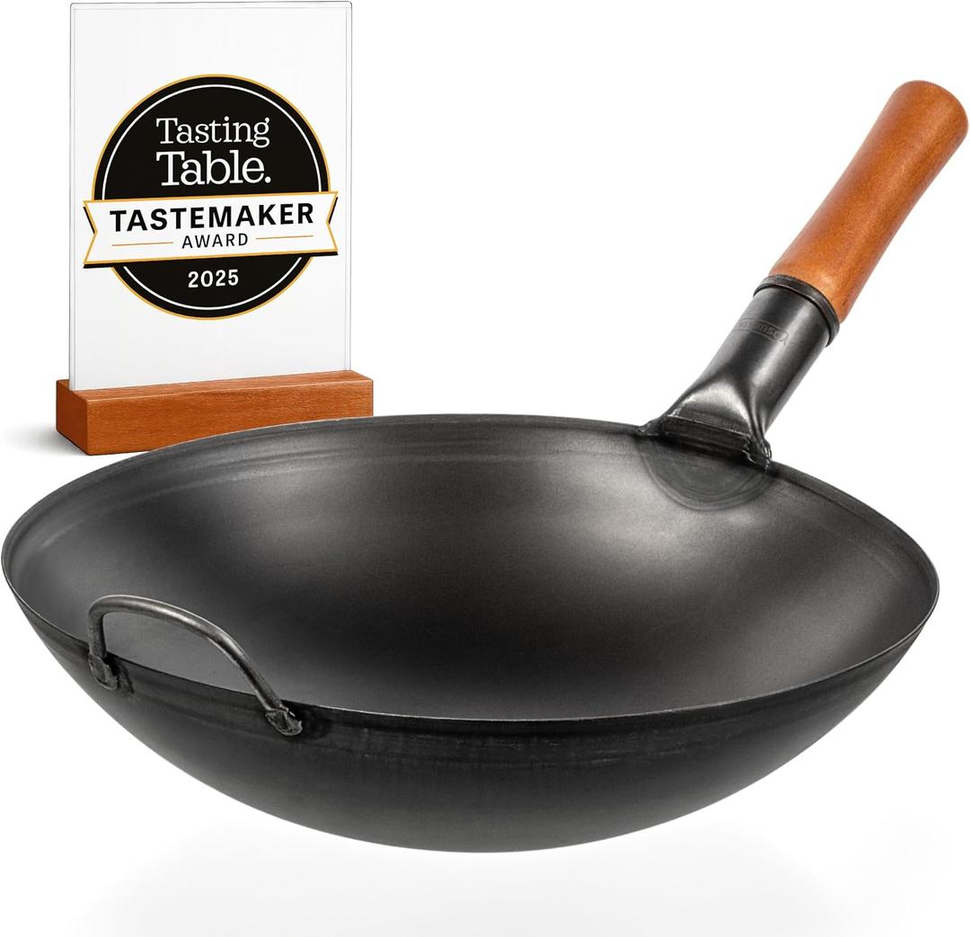 YOSUKATA 14" Carbon Steel Wok with Round Bottom Pre-Seasoned Pow Wok for Stir Fry Traditional Chinese Japanese Black Steel Pan Outdoor Cookware for Gas Stovetops, Open Fire, BBQ, Camping