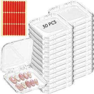 30 PCS Press On Nail Cases, Clear Plastic Nail Display Boxes with 90 Adhesive Tabs, Square Organizer Containers for Jewelry Small Accessories, Portable Packaging Holders for Salon Home Use
