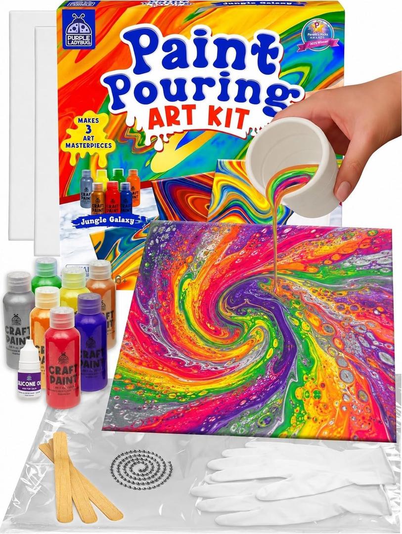 PURPLE LADYBUG Low-Mess Paint Pouring Kit for Ages 6+ - Washable Non-Toxic Painting Kit for Kids with Gloves & Table Cover for Easier Cleanup, Art and Crafts for Kids Ages 8-12, Crafts for Girls 8-12
