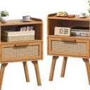 Lerliuo Rattan Nightstands Set of 2, Side Table with Drawer, Cane Accent Bedside End Table with Solid Wood Legs, Mid Century Modern Night Stand for Bedroom, Dorm and Small Spaces (Tea Brown)