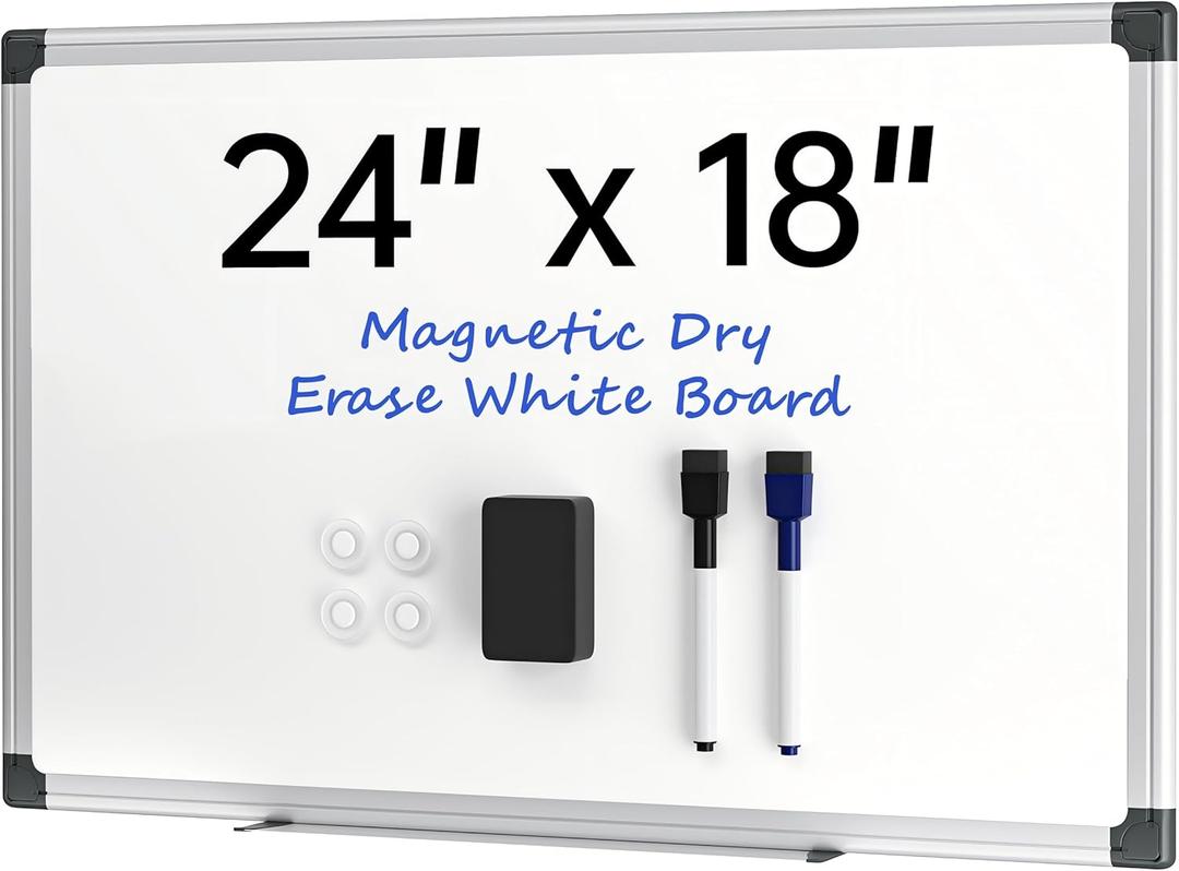 VUSIGN 24" x 18" Magnetic Whiteboard for Wall, Dry Erase Board with Silver Frame, Hanging White Board for Office, Home, School, Dorm  Includes Markers, Magnets & Eraser