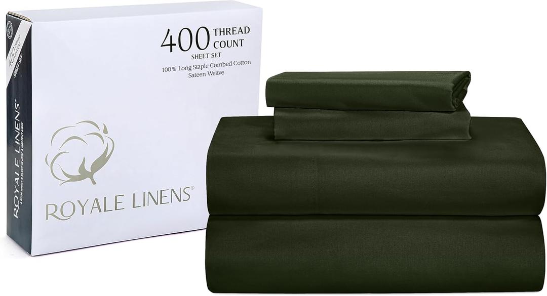 Royale Linens 400 Thread Count 100% American Grown Cotton 4 Piece Sateen Queen Sheet Set - 1 Fitted, 1 Flat Sheet, 2 Pillow case - Leaf Green Bedsheet Set - Cooling Cotton Sheets - (Queen, Leaf Green)