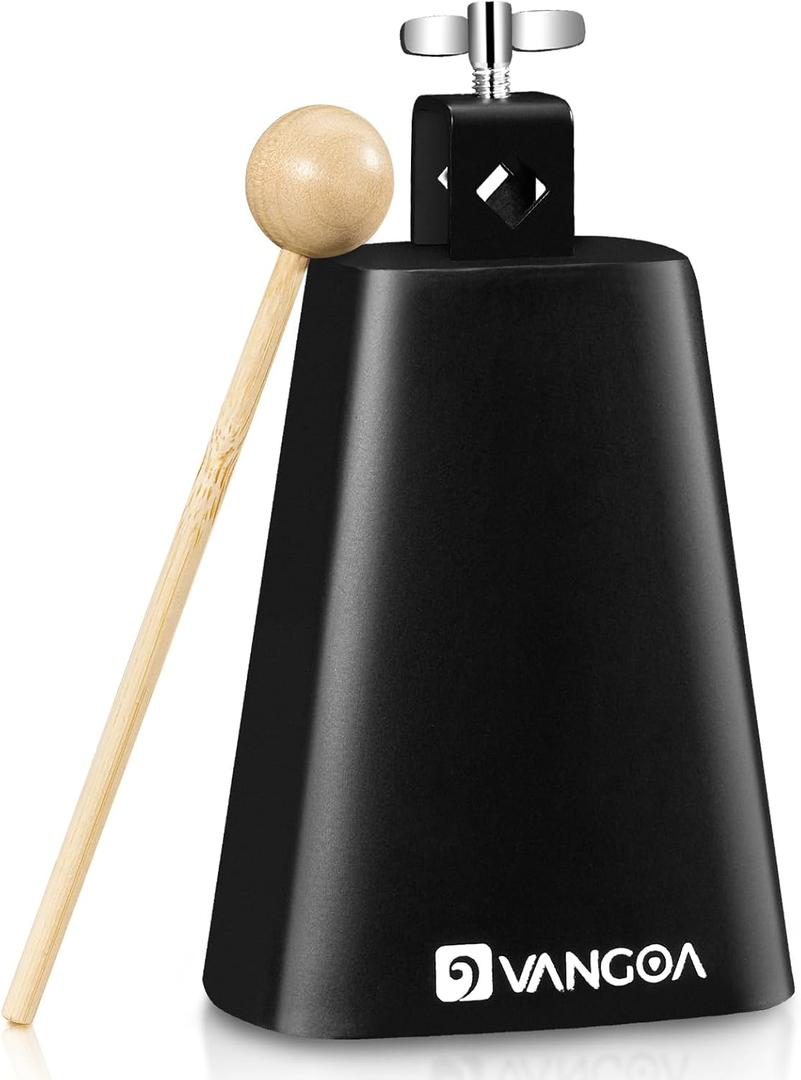 Vangoa 8 inch Metal Steel Cow Bell Noise Maker Cowbell Percussion Instrument with Handle Stick for Drumset Wedding Football Cheering Games (Black)