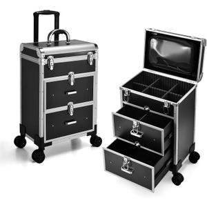 Adazzo Professional Rolling Makeup Train Case with Drawers, Large Cosmetic Trolley with Locks, Cosmetics Storage Organizer Make up Case for Travel Makeup/Nail Art/Hair Styling, Matte Black