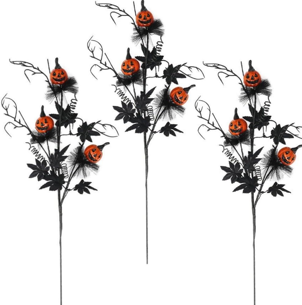 3 Pack Halloween Branches Picks Stems Glitter Fake Twig with Pumpkin Berries Black for Vases Haunted House Gothic Floral Decor Artificial Berry Stems for Vase (A)