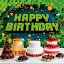 Pixel Happy Birthday Banner, Video Game Theme Birthday Pixel Banner Backdrop Cool Gaming Party Supply with Ribbon for Party Decoration Home Celebration for Kids