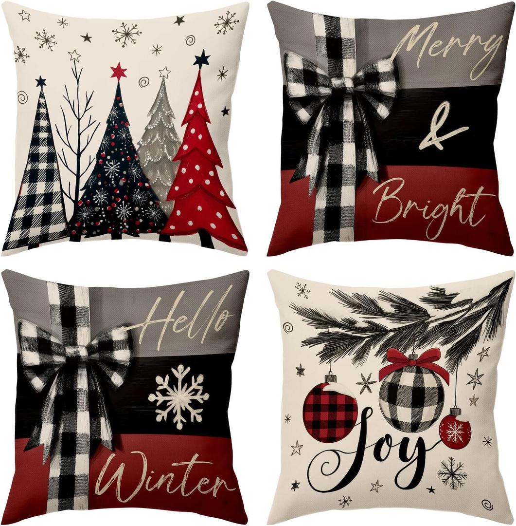 BBOLDIN Christmas Throw Pillow Covers 18x18, Christmas Pine Tree Snowflake Red Black and Grey Pillow Cases Set of 4, Winter Holiday Cushion Covers Decorations for Indoor Sofa Living Room Farmhouse