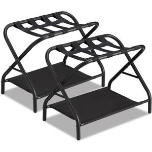 Luggage Rack Set of 2, Foldable Suitcase Stand with Fabric Storage Shelf Easy Assemble Metal Luggage Holder with Straps for Guest Room Bedroom Hotel, Black