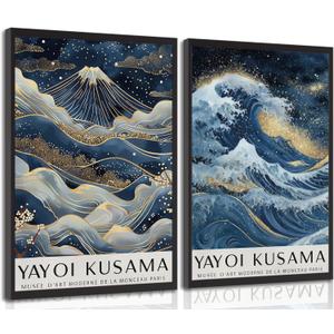 2Pcs Mount Fuji Blue Gold Wall Art Kanagawa Giant Wave Canvas Prints Japanese Fuji Painting Japanese Landscape Wall Decor Modern Japandi Style Posters Picture for Living Room, Bedroom Unframed