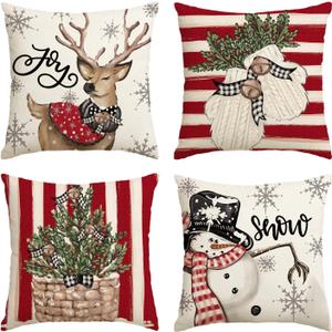 AVOIN colorlife Christmas Snowman Reindeer Gloves Eucalyptus Red Throw Pillow Covers, 18 x 18 Inch Winter Holiday Stripes Cushion Case Decoration for Sofa Couch Set of 4
