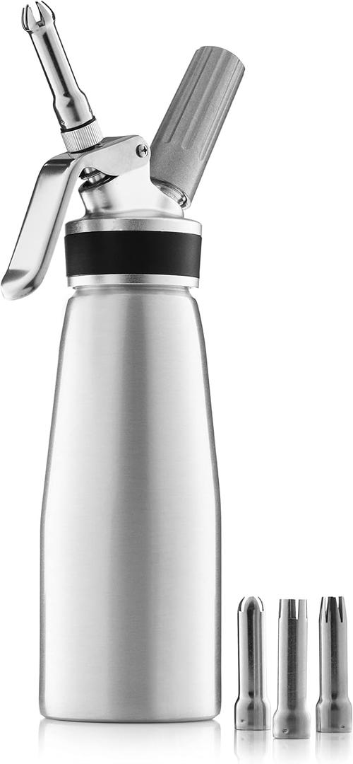 Aluminum Whipped Cream Dispenser with 3 Nozzles, Brush & Recipe Guide (Silver)