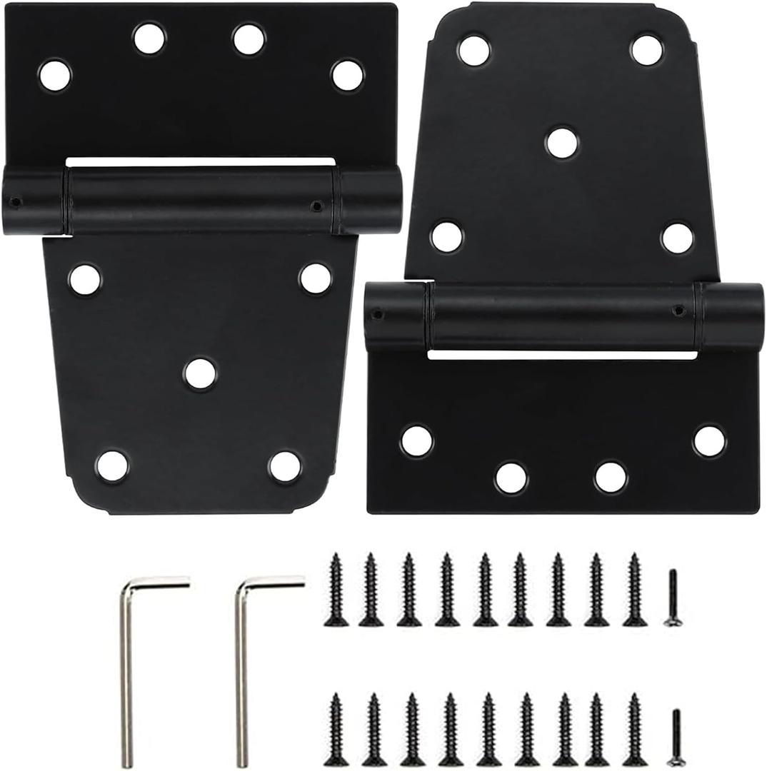 HOME MASTER HARDWARE Self-Closing Spring Gate Hinge 3-1/2" Heavy Duty Automatic T Hinges Steel Black Finish with Screws 2-Pack for Wood Fence Gate Vinyl Shed Door