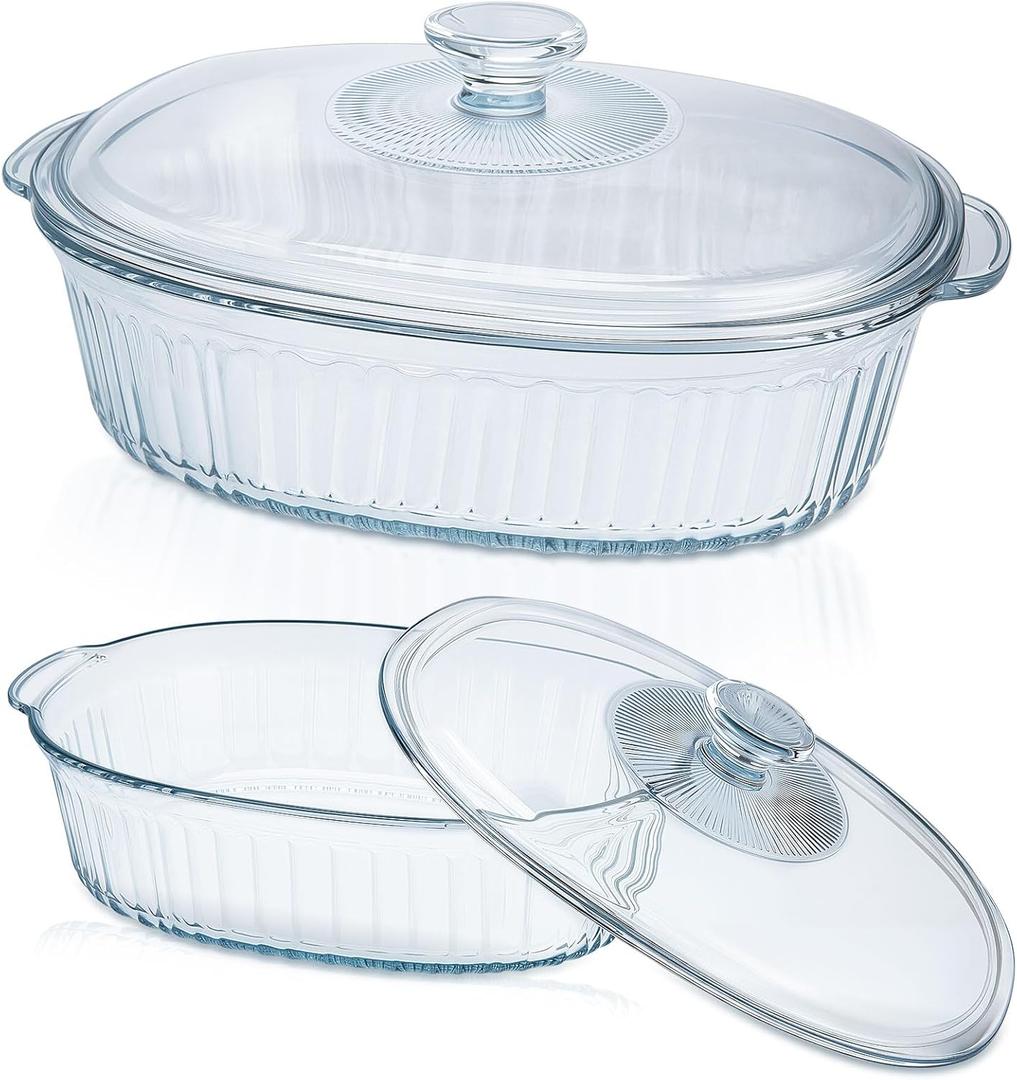 Glass Baking Dishes for Oven, 2 Pack Casserole Dishes with Lid, Oval Baking Dish Set for Lasagna Casseroles Leftovers Cooking Kitchen, 1.9 Qt and 3 Qt, Clear