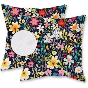 HOMFREEST Outdoor Floral Throw Pillow Covers 18x18 Inch Set of 2 Black Waterproof Flowers Decorative Spring Summer Holiday Patio Cushion Cases for Patio Furniture Garden