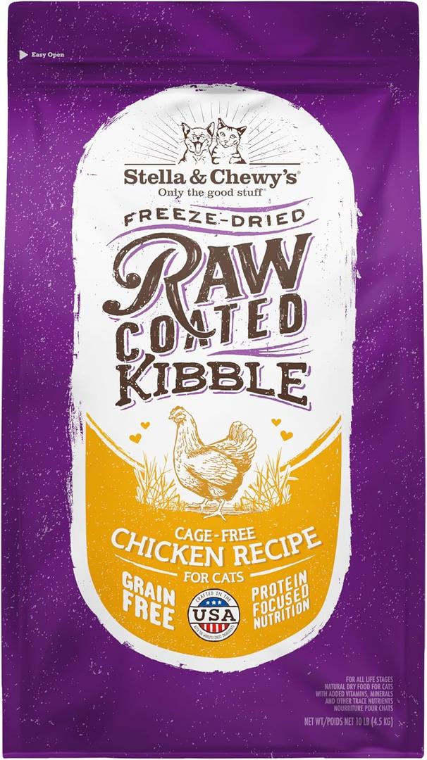 Stella & Chewy's Raw Coated Cat Food - High Protein, Grain-Free Kibble with Cage-Free Chicken - Premium Digestive Support with Probiotics - Natural Small Kibble - Perfect For Picky Eaters - 10 lb Bag (EXP 11/10/25)