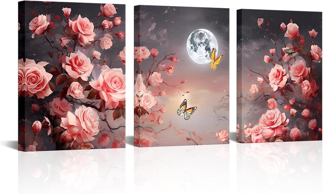 SkenoArt 3 Piece Romantic Rose Wall Art Pink Rose Flower Night Full Moon Landscape Framed Nature Floral Painting Ready to Hang for Bedroom Decor